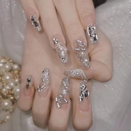 French Tip Press on Nails Butterfly Fake Nails Long Coffin False Nails Glitter Acrylic Nails with Rhinestone Pearl Design Luxury Glue on Nails Full Cover Shiny Stick on Nails for Women Girls Manicure