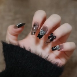 LISMYAKEY Nail Tip, Nail Seal, False Nail, 3D Nail Tip, Nail Art Patch, Nail Tip, Short, 24 Pieces, Handmade Nail Tip, False Nail, Wedding, Bride Nail, Japanese Style, Glossy False Nail (Black P-081,