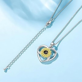Collar de Girasol，Collar y colgante de plata 925 proyectando te amo en 100 idiomas，con una exquisita caja de regalo,regálelo a mamá,esposa,amiga，Día de la Madre, regalo de Navidad para mujeres