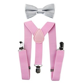 axy Children's Pink Braces Y Shape with Bow Tie 3 Clips Extra Strong, Pink braces + light grey bow tie