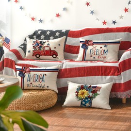 AVOIN colorlife America The Beautiful Let Freedom Ring Throw Pillow Covers, 12 x 20 Inch Freedom 4th of July Independence Memorial Day Patriotic Cushion Case for Sofa Couch Set of 4