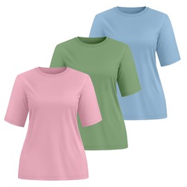 Huukeay 3 Pack Women's Half Sleeve T-Shirts, Crew Neck Elbow Length Tops Loose Casual Basic Tees Summer Cotton Tunic Tops(Green, Pink, Sky Blue,XX-Large)