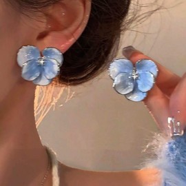 Cybche Boho Blue Enamel Flower Earrings Blue Flower Stud Earrings Acrylic Floral Petal Earrings Rhinestone Flower Earrings Large Petal Statament Earrings Jewelry for Women