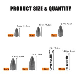 CWSDXM Fishing Weights Sinkers Fishing Worm Weights Assorted Set 50 Pcs, Bullet sinkers, Cannonball & Pencil Drop Shot Weights, Removable Rubber Core Weights for Saltwater