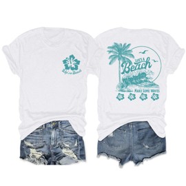 KEEVICI Hawaiian Beach T Shirts for Women Hibiscus Flower Palm Tree Shirt Tropical Graphic Tees Summer Beachy Vacation Tops(White,S)