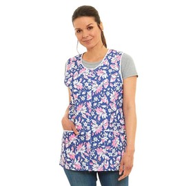 Ladies Floral Buttons Through Design Piping Tabard Apron Overalls Front Pockets Stylish Tabards for Women Casual Aprons for Women to Use in Home Kitchen Restaurants Coffee Shops UK Made (Navy, XXL)
