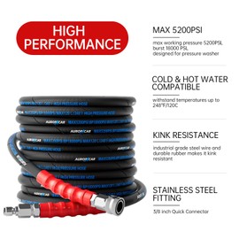 3/8'' Pressure Washer Hose 50FT, Kink Resistant High Tensile Wire Braided Power Washer Hose for Hot and Cold Water with 2 Pcs M22-14mm 3/8" Quick Connect Kit, 5200PSI Commercial Industrial Grade