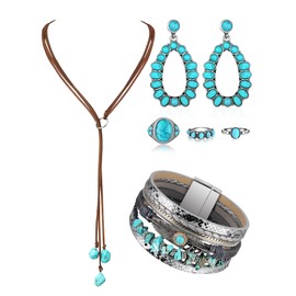 Ecally Bohemian Western Jewelry Turquoise Set Women Bohemian Pendant Long Choker Layered Bracelets Earrings Ring for Women(Turquoise,Vintage)