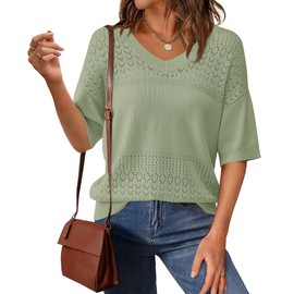 PRETTYGARDEN Women's Short Sleeve Sweater Tops 2025 Spring Summer Casual V Neck Ribbed Knit Trendy Eyelet Blouse T Shirts (Mid Green,Medium)