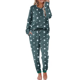 Ekouaer Pajamas Women's Long Sleeve Pj Set Soft 2 Piece Loungewear Sleepwear with Jogger Pants Deep Grey White Star,S