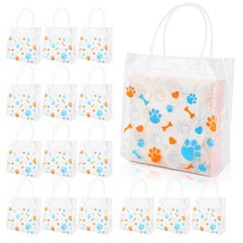 15pcs Dog Paw Gift Bags, 7.87x7.87 Inch Paw Print Favor Bags with Handle Clear PVC Bags Puppy Paw Goodie Bags Cute Pet Treat Candy Bags for Birthday Wedding Blue Party (Blue, Orange)