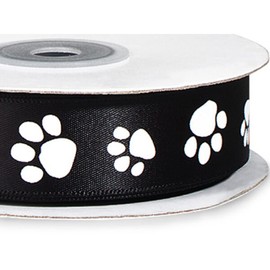 White Paw Print on Black Single Faced Satin Ribbon - 7/8" Wide x 25 Yards