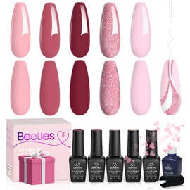 beetles Gel Polish 6 Pcs City of Love Collection 5 Colors Pink Rose Glitter Day Gel Polish & 1 Pcs White Liner Gel Soak Off Uv Lamp Nails Design Manicure Spring Gifts for Women