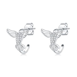 Rofeego 925 Sterling Silver Hummingbird Stud Earrings, CZ Crystal, Open Hoop Design