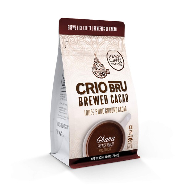 Crio Bru Ghana French Roast 10 oz Bag | Natural Healthy Brewed Cacao Drink | Great Substitute to Herbal Tea and Coffee | 99% Caffeine Free Gluten Free Whole-30 Low Calorie Honest Energy