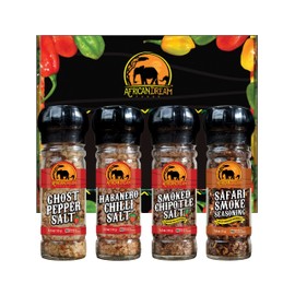 Spicy Salts and Seasonings Gift Box by African Dream Foods | 4-Pack Variety with Reusable Grinder | Safari Smoke Seasoning, Ghost Pepper Salt, Habanero Salt, Smoked Chipotle Salts | All-Natural | Made in Africa