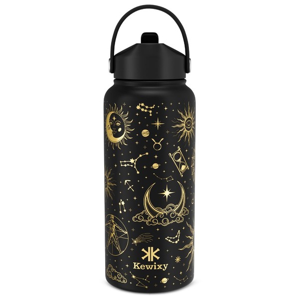 KEWIXY 32 oz Insulated Water Bottle with Straw, Golden Sparkle,