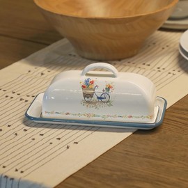 Quorvynne Enameled Farmhouse Vintage Butter Dish with Lid, 7.5 Inch Durable Kitchen Food Storage Container Rust-Resistant Refrigerator Safe,Vintage Decorative Design Kitchenware for Countertop