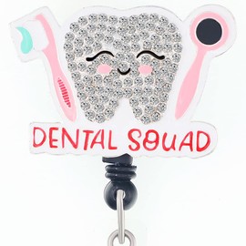 Cute Rhinestone Pink Tooth Name Card ID Badge Holder Badge Reel