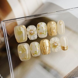 LemiVibe "Amber Flower" Nail Tips, Short, Yellow, 100% Handmade, Adhesive Nails, False Nails, Spring, Cute, Korean, Flower, Hakama, Gel Nail, Nail Sticker, Self Nail, Nail Sticker, Home Nail, Nail