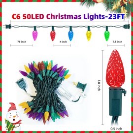 Olixmlya 50LED C6 Christmas Lights 23FT C6 LED Christmas Lights C6 Christmas String Lights Connectable Plug-in for Indoor Outdoor Xmas Tree Garden Patio Party Christmas Decor Multi-Color