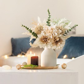 Mkono Small Artificial Flowers in Ceramic Vase Centerpieces Coffee Table Decor, Silk Flower Arrangements for Home Decor Indoor Fake Flower Bouquet for Dining Room Kitchen Wedding (Brown, Medium)