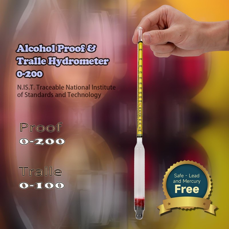 Alcohol Hydrometer Meter Test Kit 0-200 Proof & Tralle,with Glass