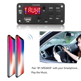 Aramox Placa Decodificadora Bluetooth, DC 6V‑12V Bluetooth 5.0 Módulo Decodificador de MP3 Pantalla Digital Decodificación Dual Módulo Receptor de Audio Inalámbrico con Control