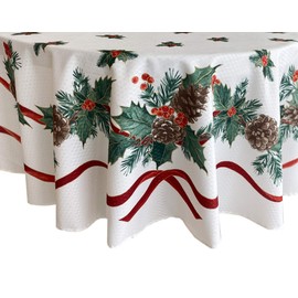 Lintex Evergreen Garland Double Ribbon Bordered Cottage Christmas Tablecloth, Holly and Pine Cone Country Xmas Holiday Easy Care Fabric Tablecloth, 60 Inch x 84 Inch Oval