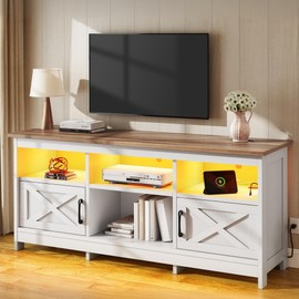 YITAHOME TV Stand for 65 Inch TVs, Entertainment Center with Storage Cabinets, Power Outlet & LED Light, Media Console Living Room Furniture, White & Walnut