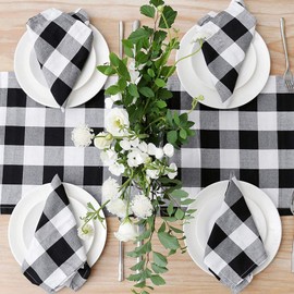 Table Runner and 4 Napkins - White Plaid Pattern - 110 Inch x 14 Inch Runner and 17 Inch x 17 Inch Napkins - in Gift Box (White Buffalo Check Plaid)