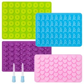 Zerdie 4 Paquetes Moldes de Gomitas de Silicona, Mini Molde de Caramelo en Forma de Corazón, Moldes de Silicona para Caramelos, Animales en Forma de fun Mold, con 2 Cuentagotas