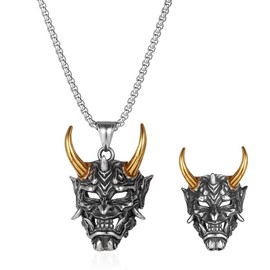 JKJF 2 Pcs Devil Mask Pendant Necklace Rings Set Mask Skull Necklace Evil Demon Ghost Horn Skull Pendant Necklace Goth Punk Rock Hip Hop Necklace for Men Boys - Gold