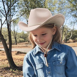 BQUBO Kids Western Hats Boys Girls Wide Brim Cowboy Hat Classic Felt Fedora Hats with Wind Lanyard Unisex Rolled up Caps for 3-8Y