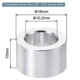 TOP-VIGOR 10Pcs M10 Aluminum Spacer, 10.2mm ID x 16mm OD x 10mm Length Metal Spacer, Round Plain Finish Spacer Screw Standoff Bushing for M10 Screws Bolts and Rods