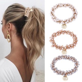 Zoestar Pearl Hair Scrunchies, Crystal Hair Ties, Elastic Hair Ropes, Ponytail Holder, Fashion Hair Accessories for Women and Girls (3pcs) (C)