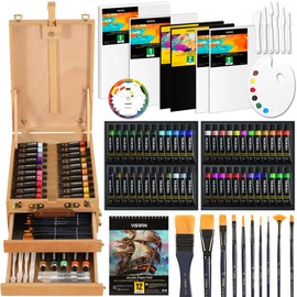 VISWIN Deluxe Acrylic Paint Kit with Tabletop Easel Box, 74 Pcs Painting Kit with 48 Acrylic Paint Set, Canvas, Brushes, Art Supplies for Adults, Artists, Beginners