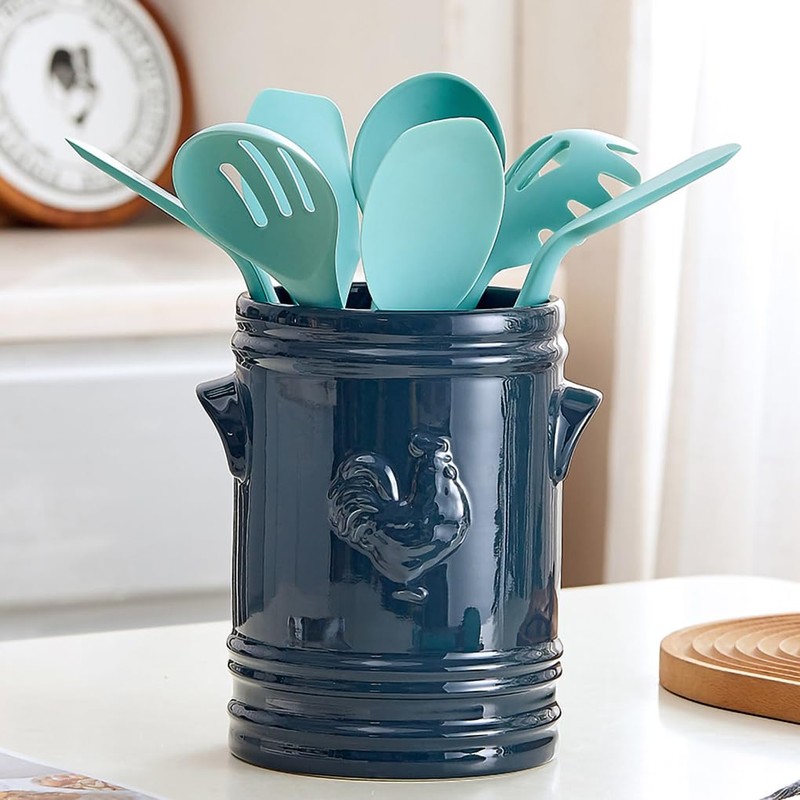 WAIT FLY Embossed Rooster Porcelain Kitchen Utensil Holder Flatware Storage