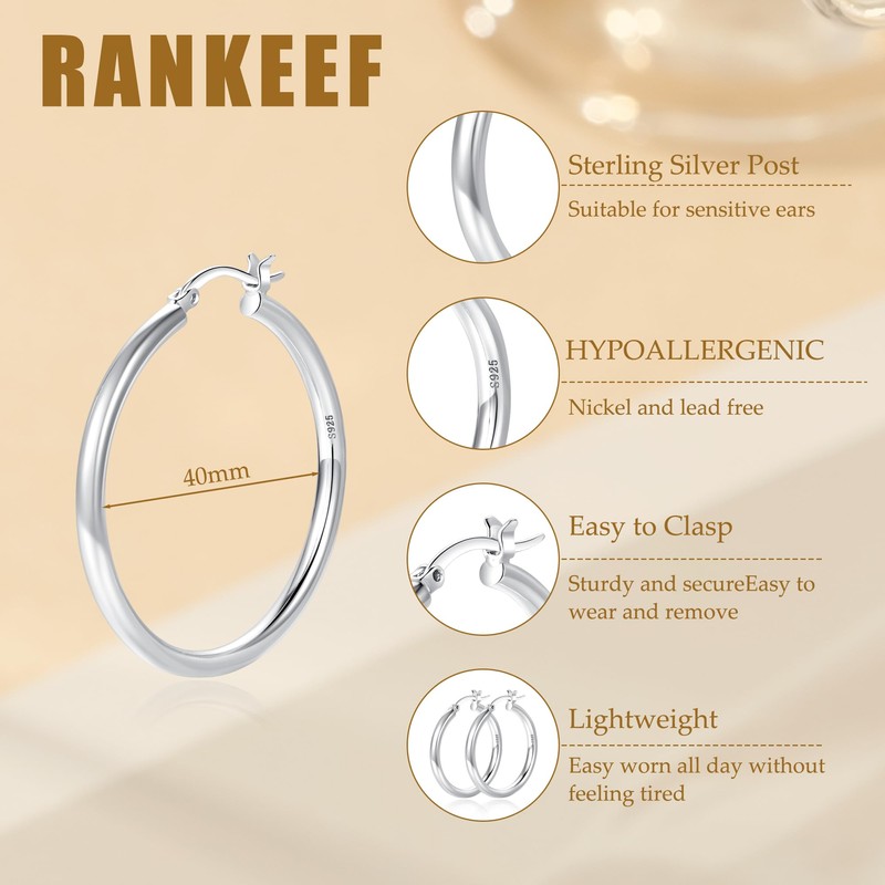 RANKEEF Sterling Silver Hoop Earrings for Women Lightweight 30/40/50/60/70MM Thick