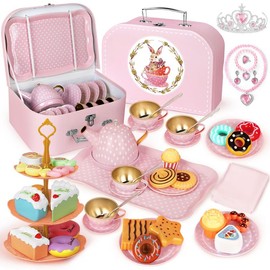 Tea Party Set for Little Girls, 49PCS Princess Tea Time Toys Including Tea Set Dessert Carrying Case, Kids Kitchen Pretend Playset, Tea Set for Girls Birthday Toddler Age 3-8, Pink:_49pcs/set