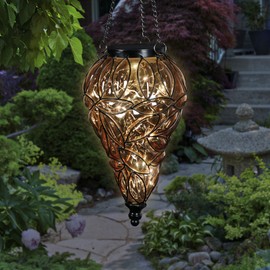 Exhart Amber Solar Lantern – Glass Tear-Shaped Hanging Lantern – Teardrop Glass Ceiling Lantern Hangs in a Metal Cage w/ 12 Blue LED Firefly Solar Lights 7" L x 7" W x 24" H