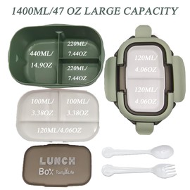 1400ML/47OZ Adult Bento Box, Leak-proof 3 Layers with Handle Portable Lunch Container, Lunch Box for Men and Women, BPA-Free, Microwave/Dishwasher/Freezer Safe, Reusable Snack Container (Green)