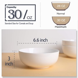Delling 30 OZ Ceramic Soup Bowls Set of 6 - Cereal Bowls for Kitchen, Pasta, Salad, Large White Serving Bowls, Lightweight, Rice Bowls,Nut Bowls, Large White Bowls for Rice Oatmeal, Microwave Safe
