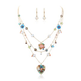 EVER FAITH Flower Beads Multilayer Necklace Set, Vintage Statement Chunky Choker Bib Collar Statement Necklace with Earrings Set Costume Statement Jewellery, Crystal