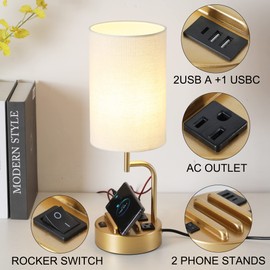 Dreamholder Table Lamp with 3 USB Charging Ports, Modern Desk Lamp with AC Outlet and Phone Stands, Perfect Bedside Lamp for Bedroom, Living Room, Office (Pack of 2), Gold