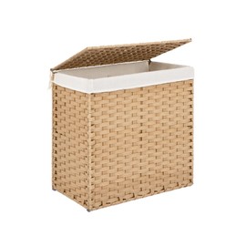 StorageWorks 110L Wicker Laundry Hamper with Lid, 2 Section Wicker Laundry Basket, Large Laundry Basket for Dirty Clothes, Laundry Hamper with Washable Linen Liner, Handwoven Clothes Hamper