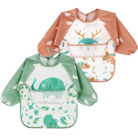 Discoball Baby Bibs Long Sleeves, Feeding Bibs Apron 2 Pcs Waterproof Unisex Weaning Bib for Infant Toddler 6 Months to 3 Years Old