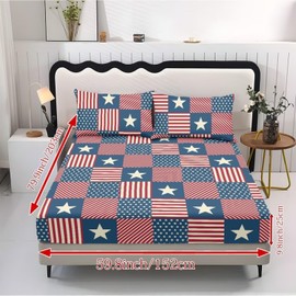 Wanyint Queen Sheet Set Breathable Soft Bedding Sheet Set 3 Pieces Deep Pocket Holiday Bedding Set with All Around Elastic for a Snug Fit for 4th of July Decor, American Flag Patchwork