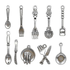 Kinteshun Kitchen Tableware Charms Baking Cooking Knife Fork Spoon Plate Pan Dinnerware Charm Pendant for DIY Jewelry Making Accessaries(100pcs,Antique Silver)