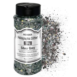 HEMOER Holographic Chunky Glitter, 100g Silver Grey Chunky Sequins Glitter, Cosmetic Craft Glitters for Resin, Face, Nail, Body, Crafts, Slime Festival Party Art and More-3.52oz/Bottle
